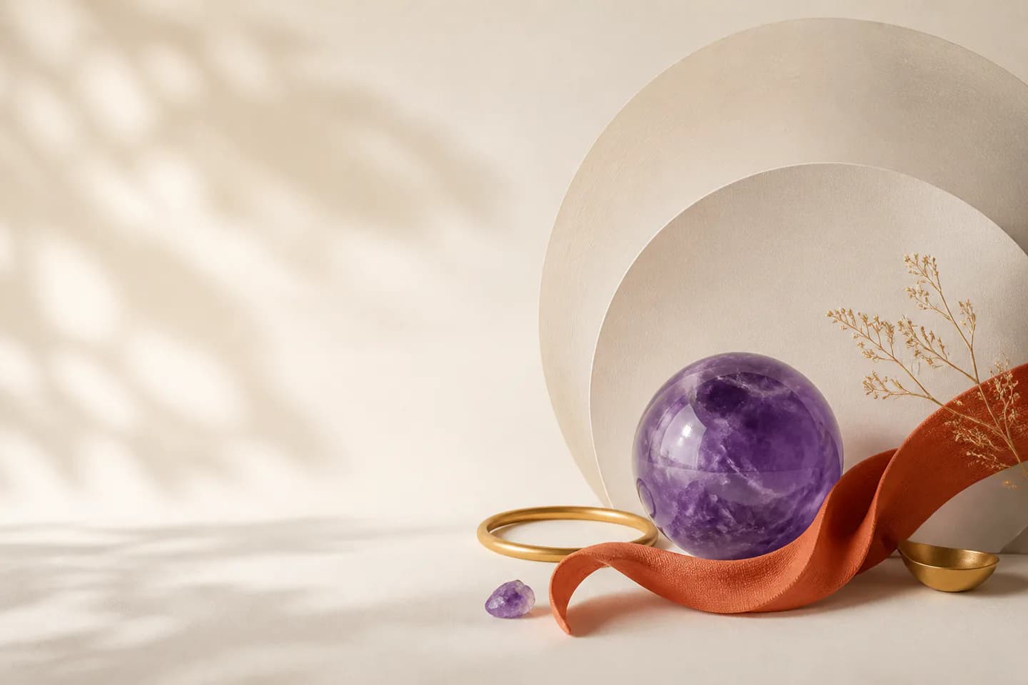 Composition tactile avec améthyste, ruban corail et formes en papier ivoire