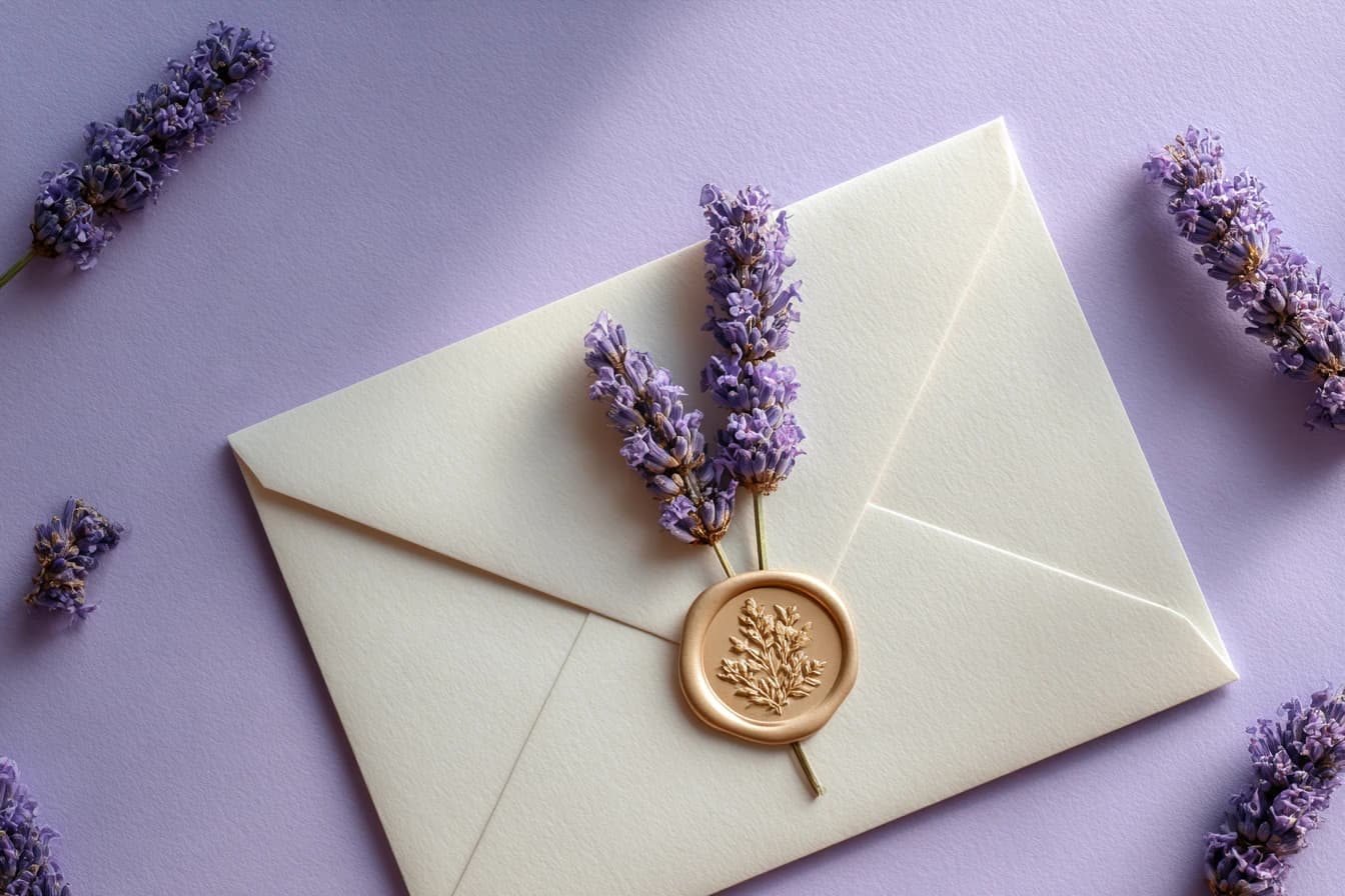 Lettre crème, cachet cire or, brin de sauge — esthétique douce