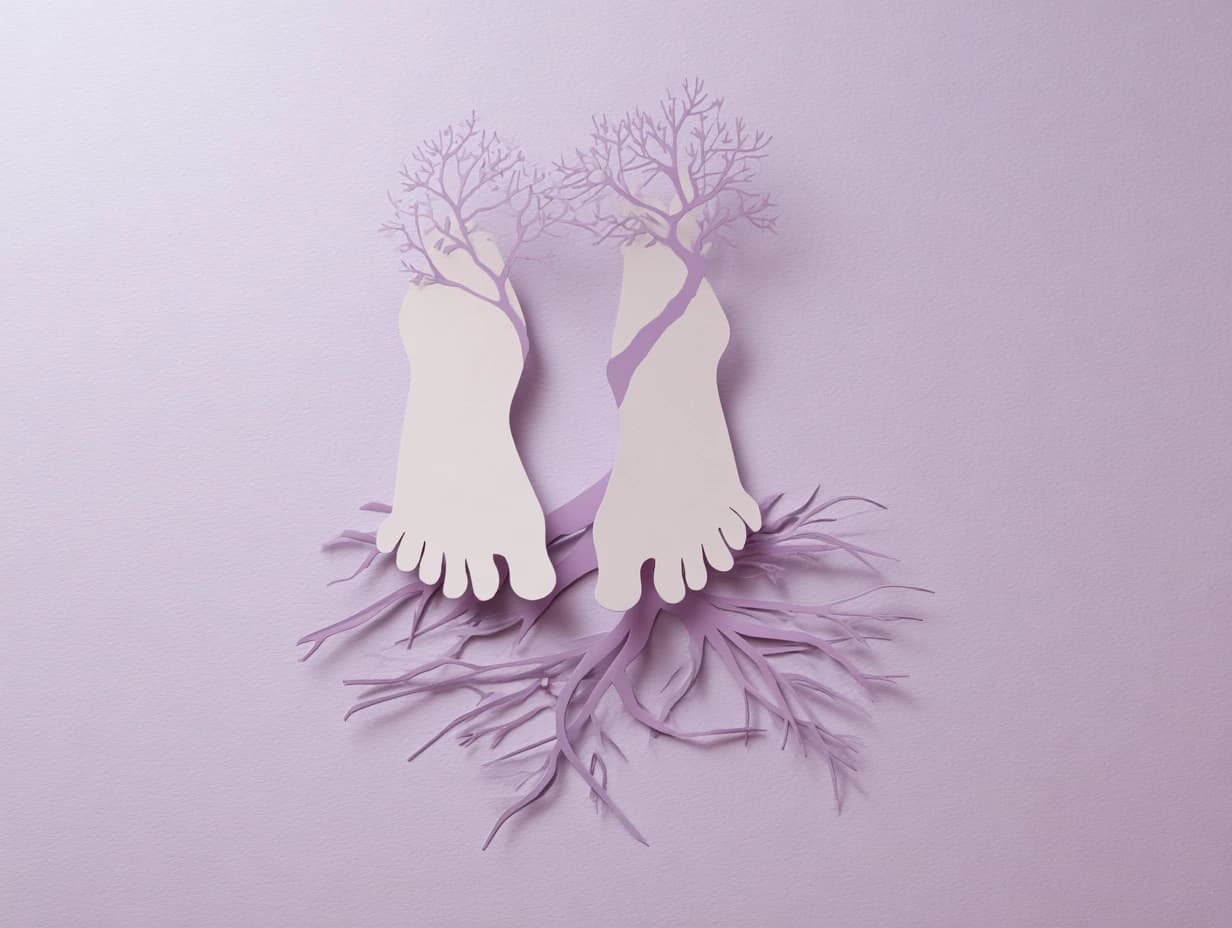 Silhouette racines/pieds stylisés en papier, sauge et lilas, lumière douce