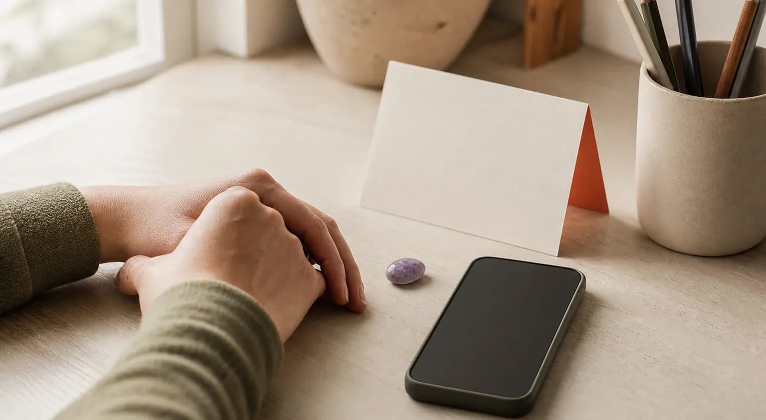 Des mains posées près d’un téléphone et d’une carte vierge