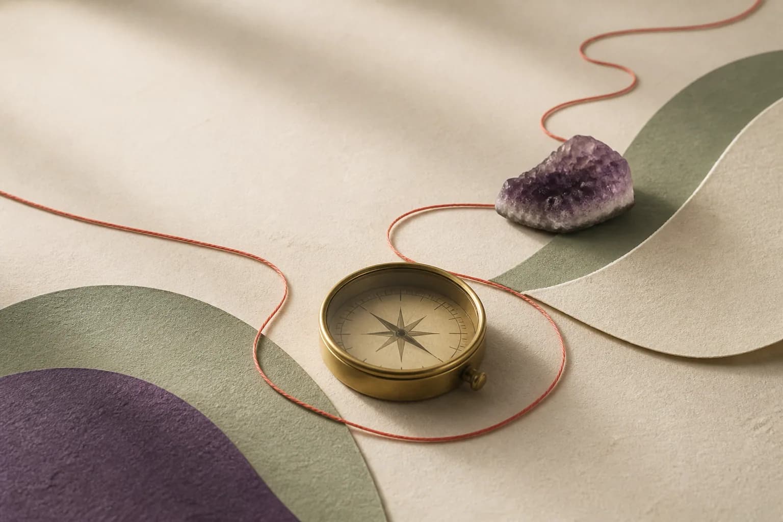 Une boussole entourée de papier texturé, de fil corail et d’une améthyste